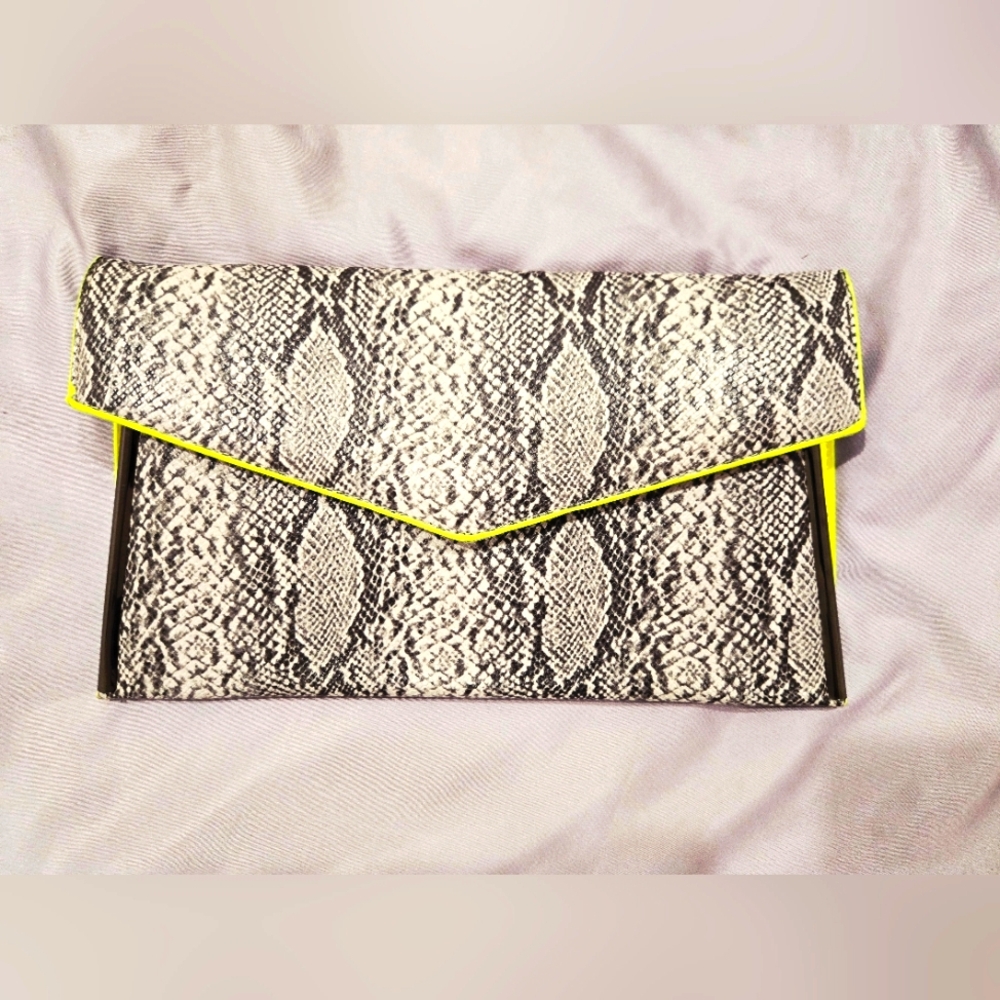 2/22$ - Stylish Snake Print Clutch with Neon Yellow/Green Accents
